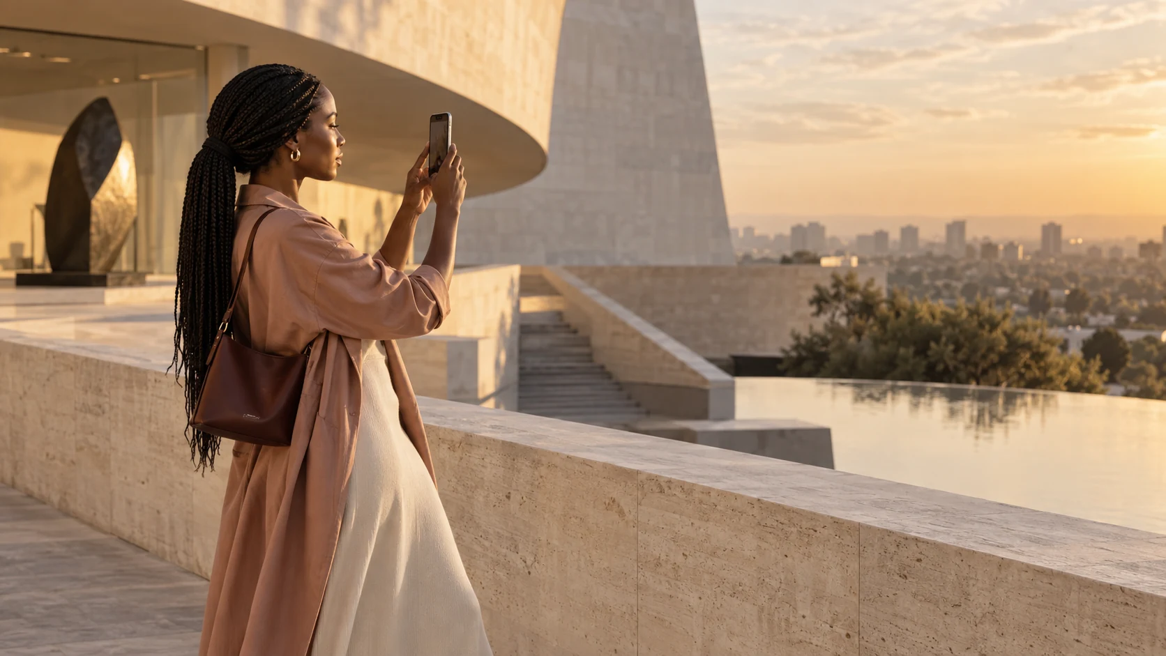 Woman photographing modern architecture at golden hour