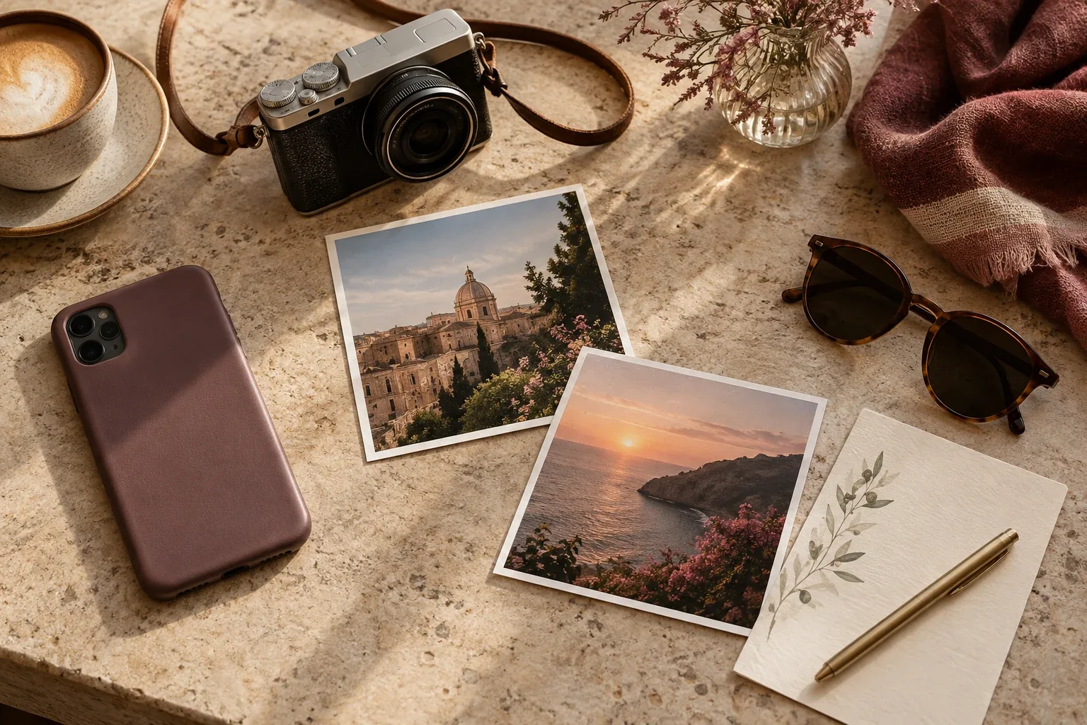 Phone, camera, and travel photographs arranged for privacy-conscious lifestyle sharing