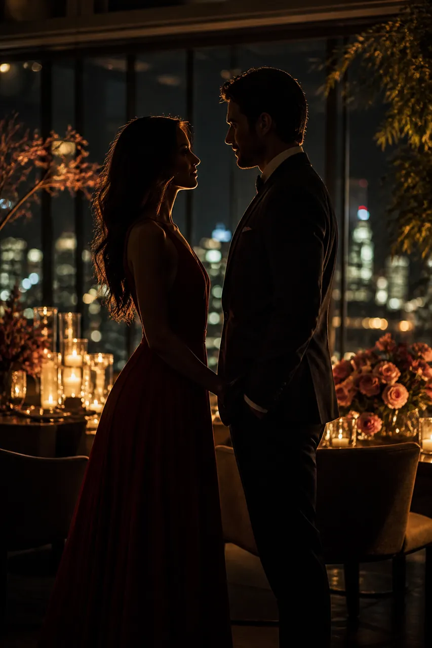 Adult couple sharing a romantic candlelit date in side-profile silhouette
