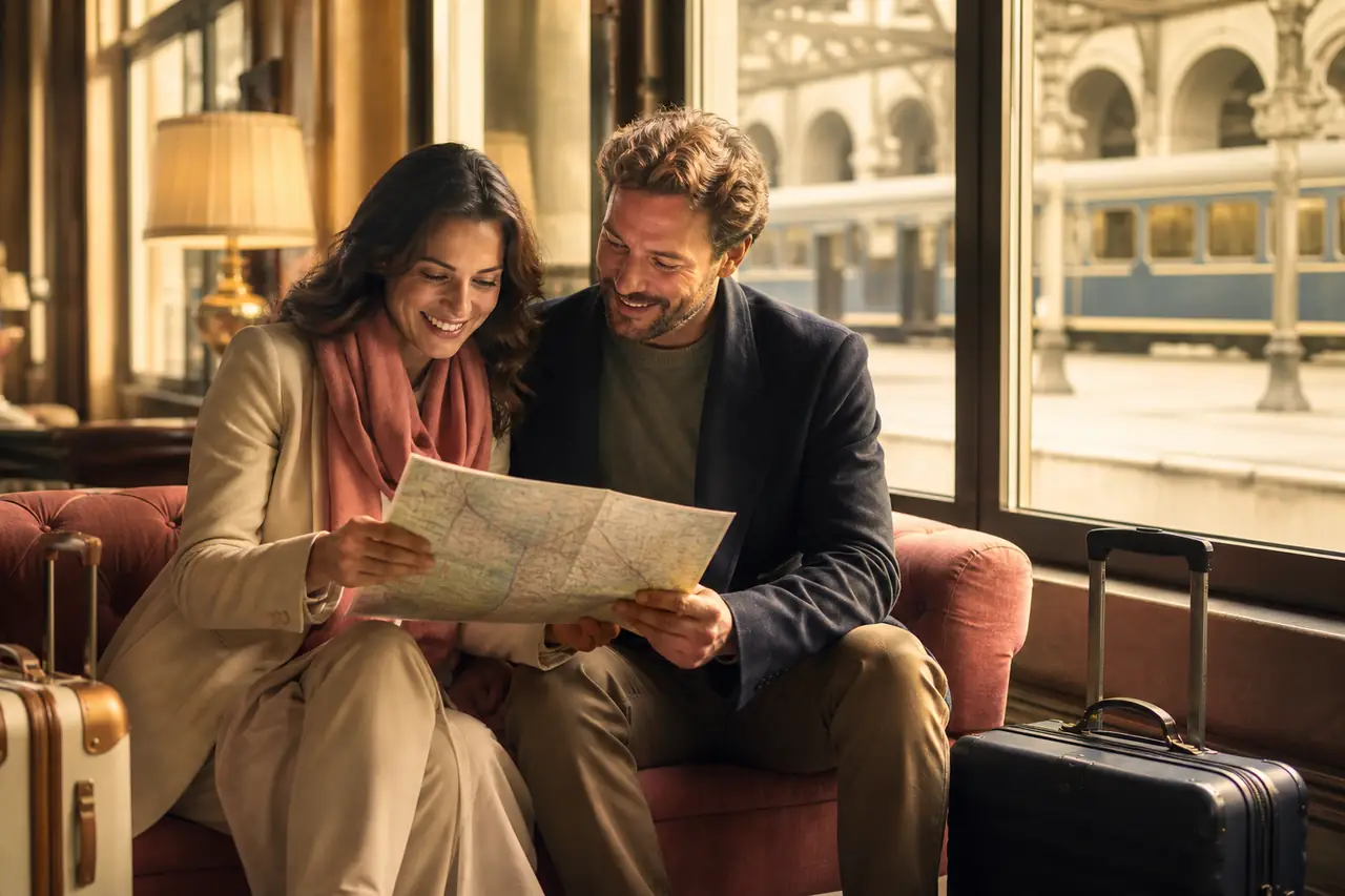 Adult couple planning a journey together at a railway lounge