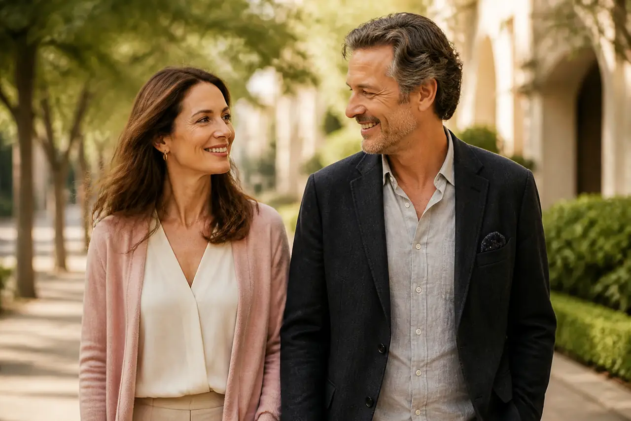 Adult couple enjoying a relaxed walk and genuine conversation