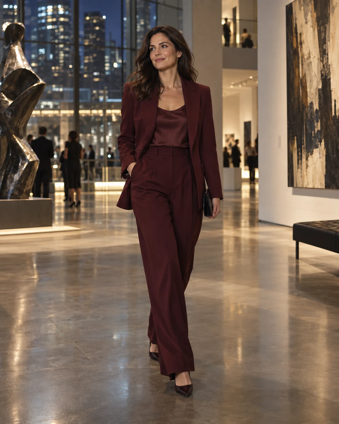 Confident woman walking through an elegant city gallery at night