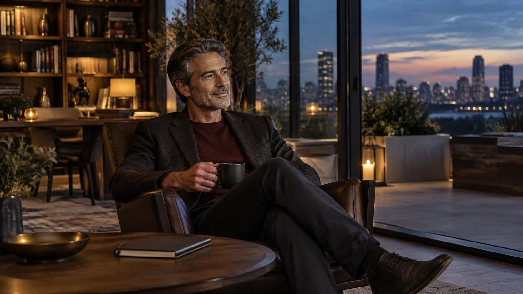 Mature man enjoying a quiet evening in a modern city residence